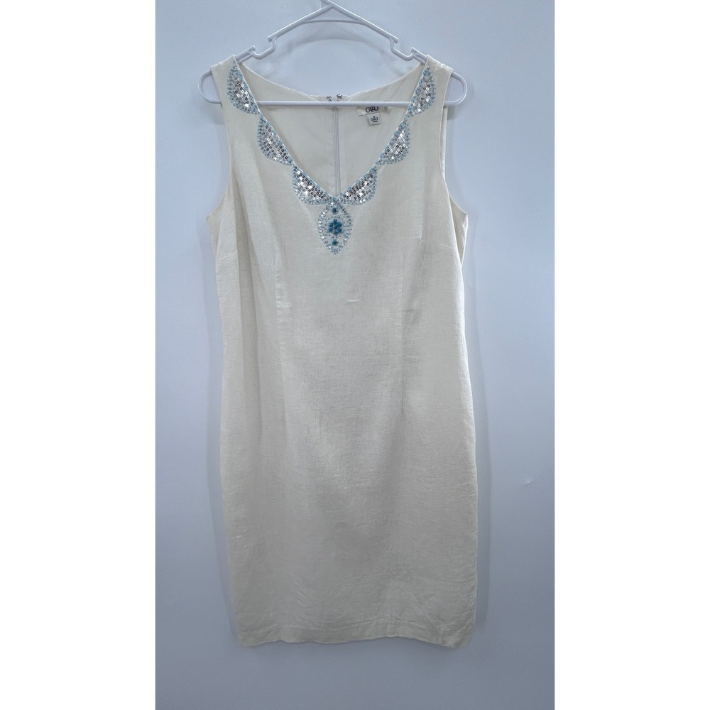 Cato Women Cream Linen Blend Sequin Beaded V-Neck Shift Dress Size 12 Sleeveless - Picture 2 of 8